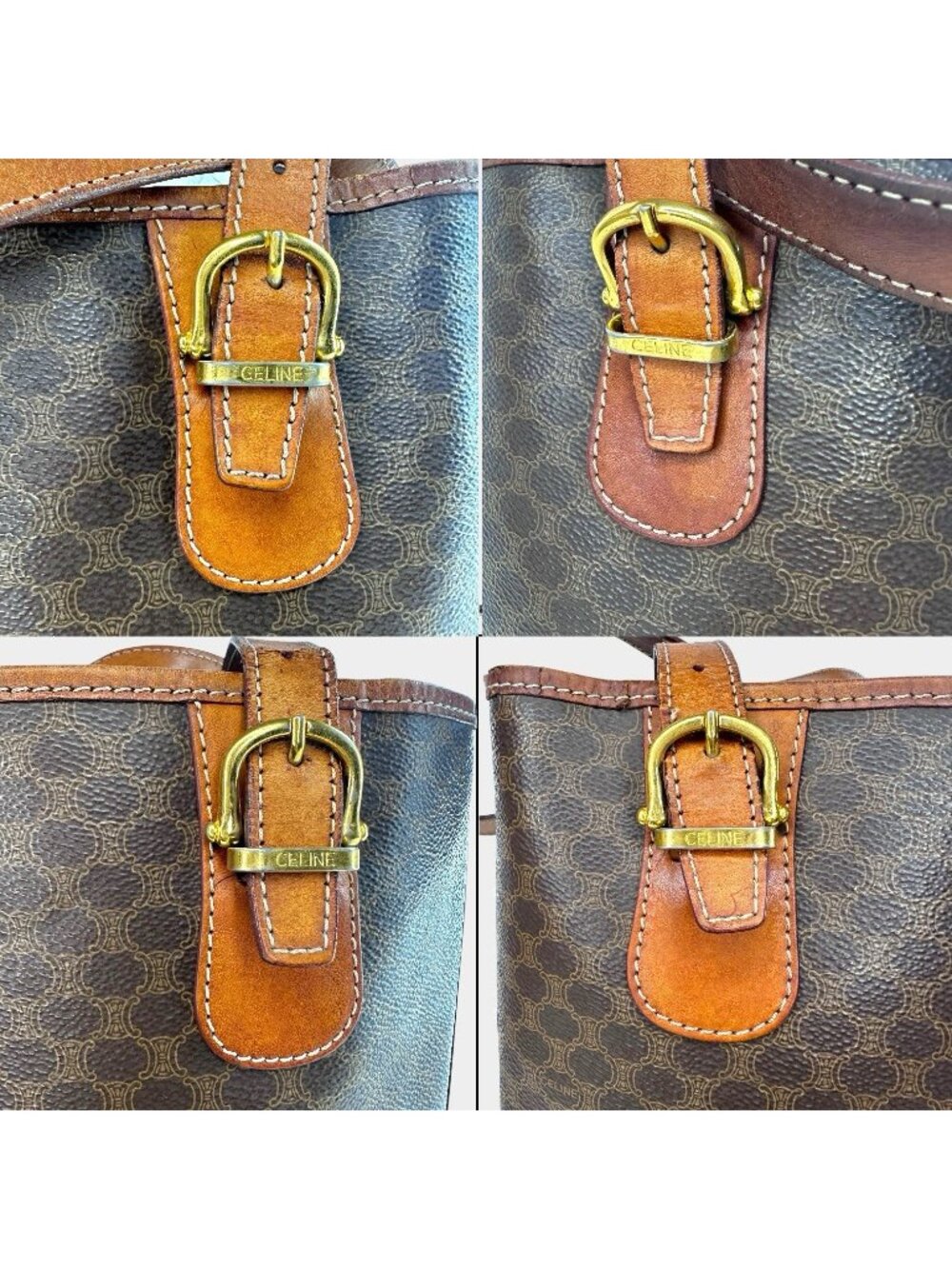 Auth CELINE Macadam Canvas Tote/Bucket Bag PVC/Leather Brown Gold M95 Logo Vintg - Picture 11 of 15